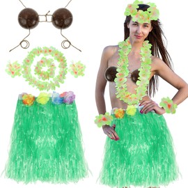 6 PCS Coconut Bra Hawaiian Grass Hula Skirt Costume Set, Flowers Dance Leis Outfits for Women Cosplay Beach Party, Yellow (Green)