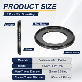 PATIKIL Step Down Ring Adapter 58mm to 37mm, 2 Pcs Filter Step-down Rings Camera Lens Filters Metal Ring Digital for ND IR DSLR Lenses, Black