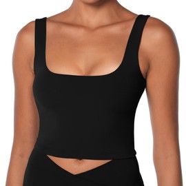 Sunzel Women's Double Lined Tank Top, Sleeveless Square Neck Crop Top, Yoga & Fitness Fitted Workout Casual Activewear Shirt Black X-Large