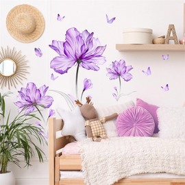 Ink Style Purple Flower Butterfly Wall Stickers, sacinora Lotus Peony DIY Floral Art Wall Decals Removable Vinyl Peel and Stick for Living Room Bedroom Nursery Playroom Door Decorations