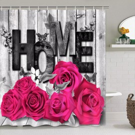Pink Rose 4 Pcs Shower Curtain Sets Non-Slip Rugs Bath Mat Toilet Cover U Shaped Mat Black Pink Shower Curtain with 12 Hooks Pink Rose Valentine's Day Bathroom Set