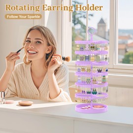 MODOWEY Rotating Earring Holder Organizer Display Tree with Metal Tray, Adjustable Plastic Stand with 342 Slots for Stud Hoop Hanger, Large Capacity Storage Rack for Women (6 Tier, Purple)