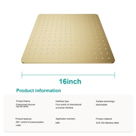 AULEEND Square Shower head, High Flow Stainless Steel Square Rainfall Shower Head, High Pressure Design Even at Low Water Flow (Brushed Gold, 16)