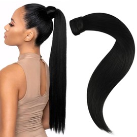 Easyouth Jet Black Human Hair Extension Ponytail Warp Around Ponytail Extension Straight Human Hair Pony Tails Extensions with Clip Black Easy to Blend with Natural Hair 16 Inch 80G