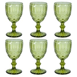 CHLJAR Vintage Wine Glasses Set of 6, 8 OZ Colored Glass Water Goblets, Embossed Floral Decorative Crystal Glass Cups Set, Dishwasher Safe, for Wedding, Party, Red Wine Glass, Bars, Restaurants