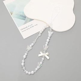 Wentoenapp White Butterfly Pearl Beaded Phone Lanyard Strap Anti Lost Charm Keychain Wallet Decoration Pendant for Women