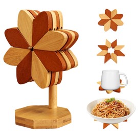 kitotik Wooden Trivets for Hot Dishes, Windmill Shape Trivet Set, Trivets for Hot Pots and Pans, Dual-Tone Decorative Tabletop Protectors with 4 Wooden Trivet and 1 Display Stand