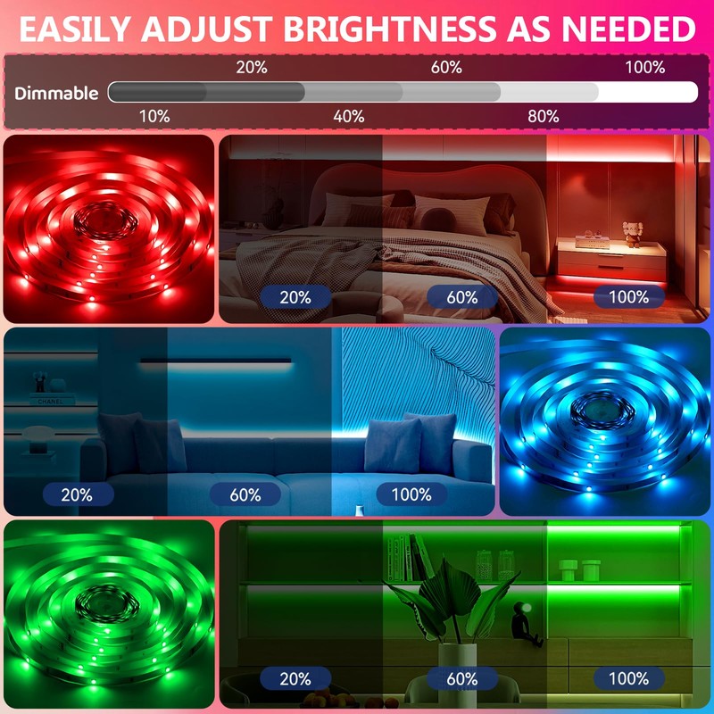 LED Strip Lights 65.6Ft(2 Rolls of 32.8ft), Dimmable 5050 RGB