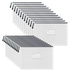 AUSTARK 24PCS Plastic Mesh Zipper Pouch Bags, Zipper File Bags with Label Pocket, Storage Bags for Board Games, Organization Bags for Office Home Travel Cosmetic (13.4''x9.4'', Black Zipper)