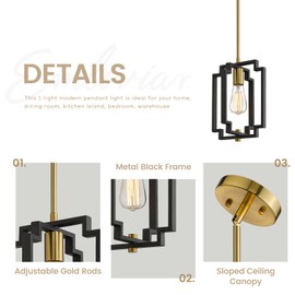 Emliviar Industrial Pendant Light, 1-Light Kitchen Hanging Light Fixture Adjustable, Black and Gold Finish, JE1981M1L BK+G