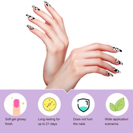 Semi Cured Gel Nail Strips, 28 pcs Gel Nail Strips Work with Any UV Lamp, Long Lasting Gel Nail Stickers Full Nail Wraps, Salon Quality, Easy to Apply(Cow Black White)