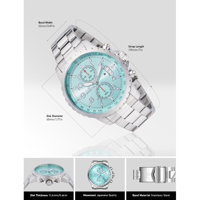 Invicta Specialty Men 45mm Stainless Steel Steel Aqua Blue dial