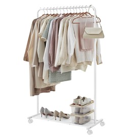SONGMICS Clothes Rack with Wheels, Clothing Rack for Hanging Clothes, 25.4 mm Metal Garment Rack with Dense Mesh Storage Shelf, 110 lb Load Capacity, 2 Brakes, Cloud White UHSR025W01