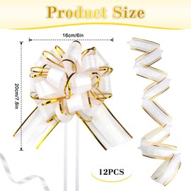 XIEJ 12 Pcs 6 Inch Pull Bows, Large Pull Bows with Gold Edge, Big Bow for Present, Wrapping Pull Bow Ribbon for Party Decorations, Present Wrapping, Wedding, White (White)