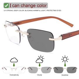 Rimless Bifocal Reading Glasses Spring Hinge Photochromic Sun Readers Transition Shades Computer Blue Light Blocking Sunglasses UV400 Protection Anti Glare Eyewear Gaming Eyeglasses for Men and Women