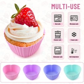 Paquete de 24 tazas de silicona para hornear en forma de corazón, reutilizables, antiadherentes, de grado alimenticio, sin BPA, multicolores, mini moldes para tartas