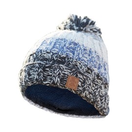 Pachamama Men Wool Beanie Bobble Hat Fleece Lined Handknitted Blue Fat Stripe One-Size Handmade Extra Warm Fair Trade
