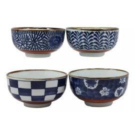 Fuji Merchandise Corp Japanese Shades Of Blue Artistic Porcelain Bowls Set of 4 Rice Salad Miso Soup