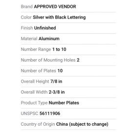 locker Tag / Number Plates, #1 thru #10, 2-3/8”x7/8” , Aluminum w/ Blk Numbers