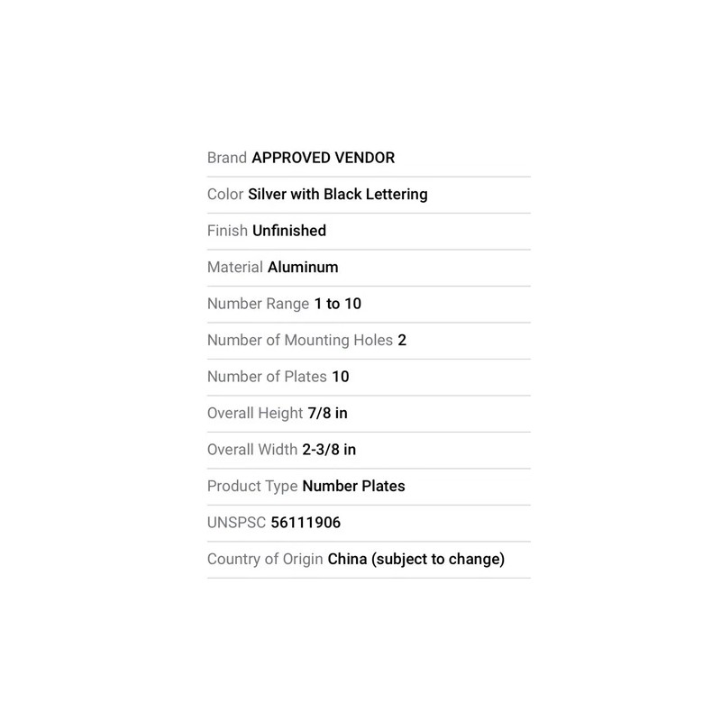 locker Tag / Number Plates, #1 thru #10, 2-3/8”x7/8” ,