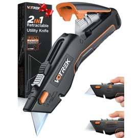 VOTREK Box Cutter Utility Knife, [2-in-1] Retractable Box Cutter, Safety Heavy Duty Sharp Razor Knife for Home & Warehouse Cardboard, Carpet, Blade Storage, with Extra Razor & Hook Blades (Orange)