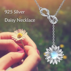 YAFEINI Daisy Necklace for Women 925 Sterring Silver Daisy and Moonstone Jewelry Pendant Spring Flower Necklace Gift, 18+2, Sterling Silver, Moonstone