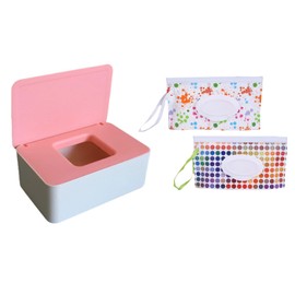 Xusdamyj Wipes Dispenser, Wet Wipe Holder with 2Pcs Refillable Wipe Holder, Reusable Wipe Box, White+pink, Plastic, Rectangular