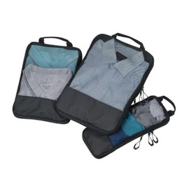 Set of travel compression packing cubes – TROIKA BLACK PACKING CUBES – 3 packing bags with zip closures and compression zip closure – for packing clothes wrinkle-free in a space-saving way