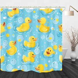 VANZEV Rubber Duck Shower Curtain Soap Bubble on Blue Polyester Stall Curtains with Hooks for Bathroom Showers 72x72 Inch