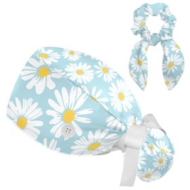 Scrub Cap with Scrunchies, Blue Daisy Working Hat Hair Cover, Elastic Bandage Tie Back Hats for Women