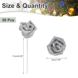 PATIKIL Glitter Roses, 50 Pcs Foam Artificial Flowers Roses Heads Real Looking Fake Flower Bulk with Stem for DIY Wedding Bouquets Centerpieces Wreath Home Party Decoration, Silver