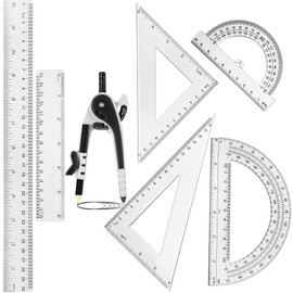 Zonon 1 Set Plastic Geometry Math Set 7 Pcs Includes 6'' / 4 '' Protractor, Drawing Compass, 45/60 Degree Triangle Rulers, 12'' / 6'' Math Ruler Transparent for Office Supplies(Clear)