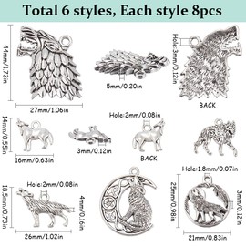 SUNNYCLUE 1 BOX 48Pcs 6 Stlyes Wolves Charms Wolf Charm Bulk Alloy Ancient Silver Moon Dragon Tibetan Style Feather Wild Animals Round Charms for jewellery Making Charms Bracelet Earrings Beginners