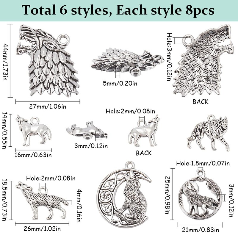 SUNNYCLUE 1 BOX 48Pcs 6 Stlyes Wolves Charms Wolf Charm
