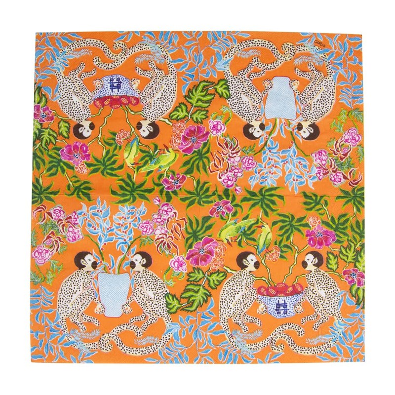 Caspari Monkeys Paper Luncheon Napkins in Orange - Four Packs