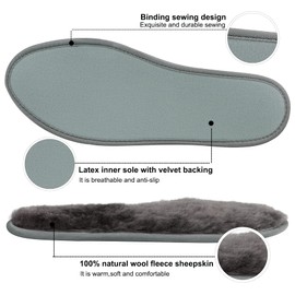 riemot Genuine Sheepskin Insoles for Men Women, Super Thick Premium Lambswool Insoles for Wellies Slippers Boots, Warm Fleece and Comfortable Shoe Insoles for Cold Winter, Grey, Women UK5/EU38