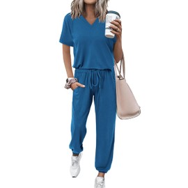 MASCOMODA Womens 2 Piece Outfits Summer Casual V Neck Short Sleeve Tops Long Pants Tracksuit Lounge Jogger Set with Pockets(Blue,X-Large)