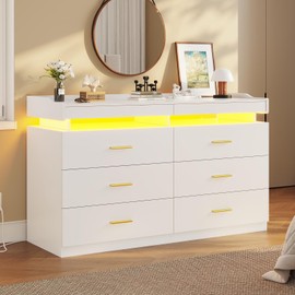 BTHFST LED Dresser for Bedroom Wood, 6 Drawer Dresser with 2 Pull-Out Trays, Chest of Drawers for Bedroom, Modern Wide Dresser for Living Room, Entryway, White