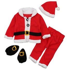 UNIQUEONE 4PCS Infant Baby Santa Christmas Tops+Pants+Hat+Socks Outfits Costumes (6-12 Months/Tag70, B-Red)