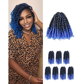 Super Short Passion Twist Crochet Hair for Black Women and Kids-6 Inch 7 Packs Ombre Blue Pre Looped Pre-twisted Passion Twist Hair,Bob Spring Kinky Twist Bohemian Curl(6"-7P,TBlue)