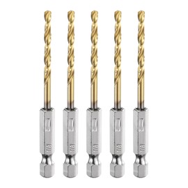 HARFINGTON 5pcs 1/4" Hex Shank Drill Bits 1/8" Gold Oxide M35 High Speed Steel Twist Drill Bit 135 Degree Split Point Tip Drilling Tool with Quick Change Hex Shank for Metal Wood Plastic