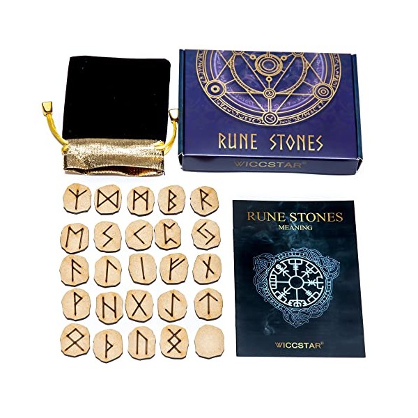 WICCSTAR Runes Stones set. Engraved 25 Pieces with 5 different layouts & Rune Meaning booklet