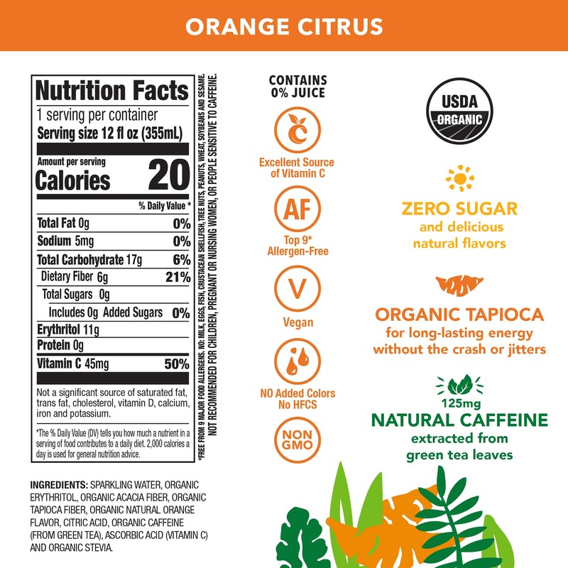 OCA ZERO Orange Citrus, Organic energy drink, zero sugar, gluten-free,