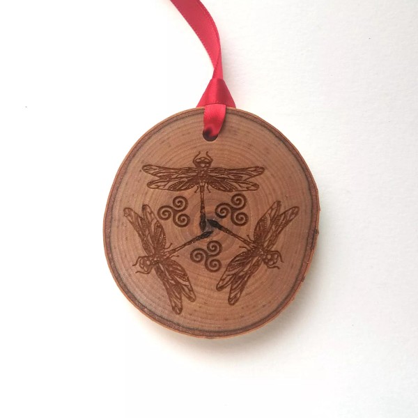 Handmade Celtic Dragonfly Essential Oil Diffuser Ornament, Tree Slice Air