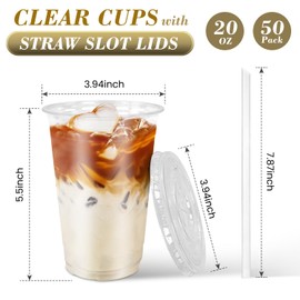 Ginkgo 50 Pack 20 oz Plastic Cups with Lids and Straws, Disposable to go Clear Cups for Cold Drinks, Smoothie, Iced Coffee, Milkshakes