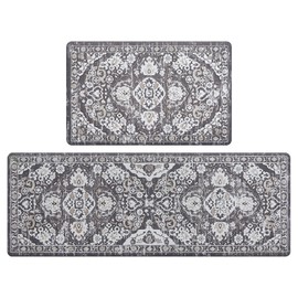Ileading Kitchen Anti Fatigue Mat Set of 2 Non Skid Waterproof Kitchen Floor Mat Vintage Cushioned Comfort Standing Mat Boho Kitchen Rug Runner for Kitchen Sink Laundry, 17"x47"+17"x28", Brown