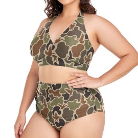 Exnundod Plus Size Bikini Duck Hunter Camouflage High Waist V Neck Bathing Suits Two Piece Tummy Control Swimsuits,4XL
