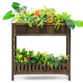 S AFSTAR 2-Tier Raised Garden Bed, Indoor Outdoor Flower Bed with Bottom Shelf Fence, 35.5” H Wood Elevated Planter Box for Vegetable Flower Herb Succulent, Ideal for Patio Balcony Backyard