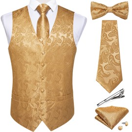 DiBanGu Men's Gold Paisley Vest and Necktie Set 6PCS Pre-tied Bow Tie Silk Formal Waistcoat for Wedding Party, Gold, M