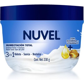 Nuvel Crema 3 en 1 Humectación Total para Cara, Cuerpo y Manos 230g Con Vitamina E, Glicerina y Aceite de Arándano Hidratación Multiproposito Para Todo Tipo de Piel